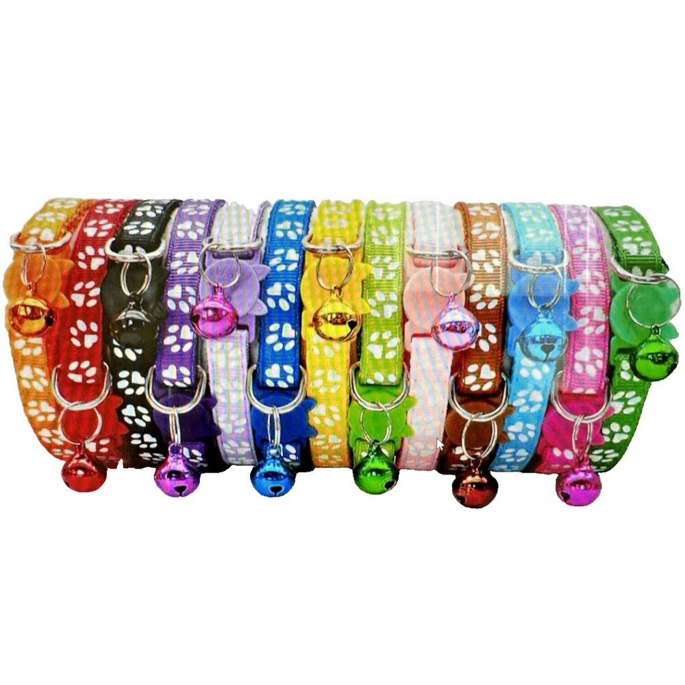 13 Piece Set of Nylon Cat Kitten Safety Collars Adjustable 7"-12" Removable Bell